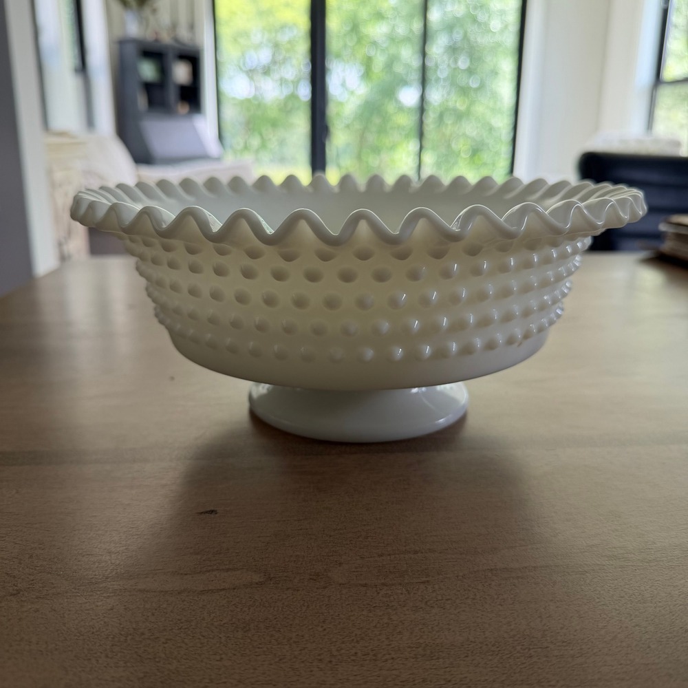 Fenton White Hobnail Milk Glass Footed Serving Bowl Crimped Edge 9.75 inch VTG